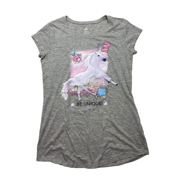 Girls Justice Gray Graphic Print Unicorn "Be Unique" T Shirt Top sz 14 - Picture 1 of 6